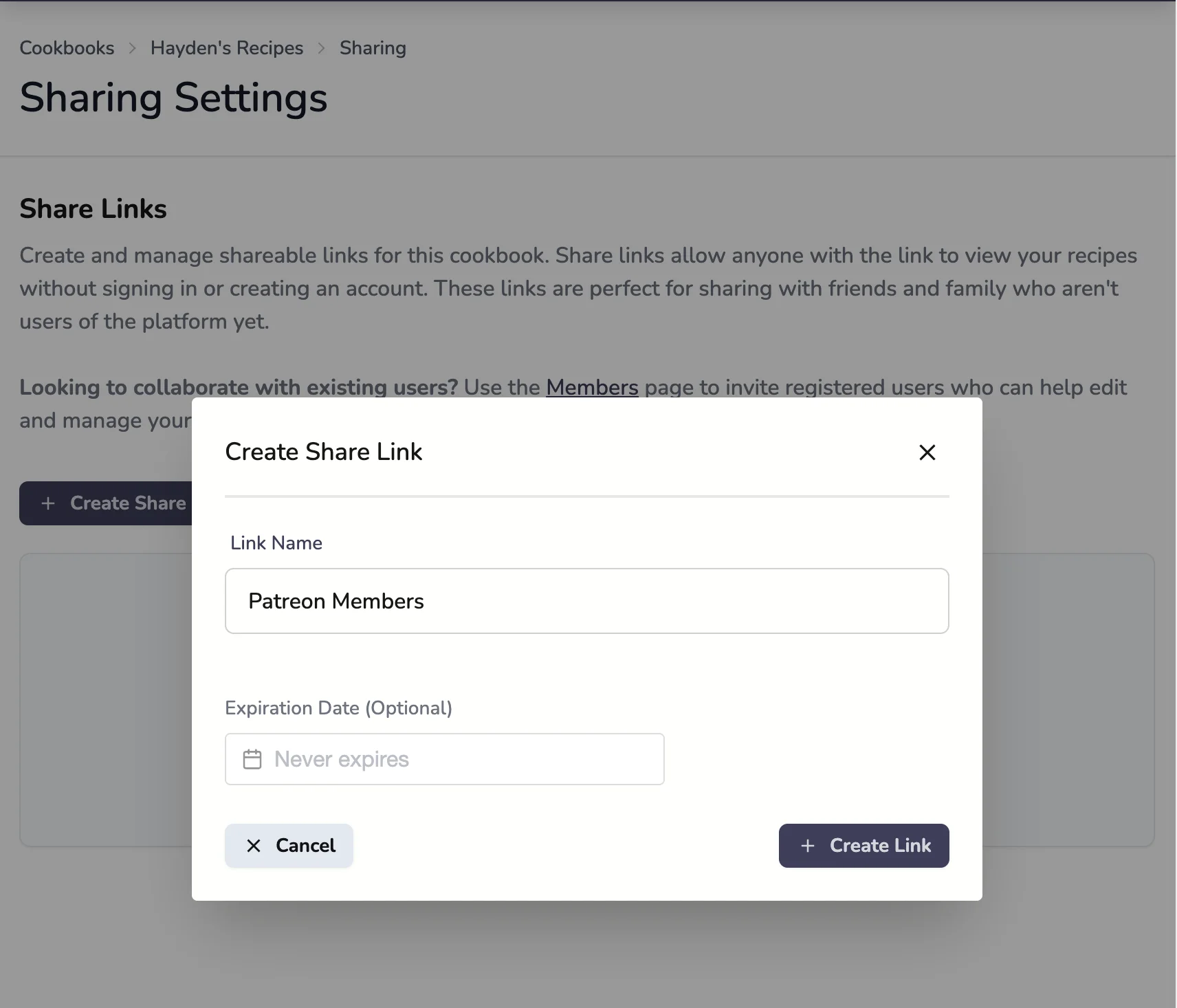 Create Invitation Link dialog