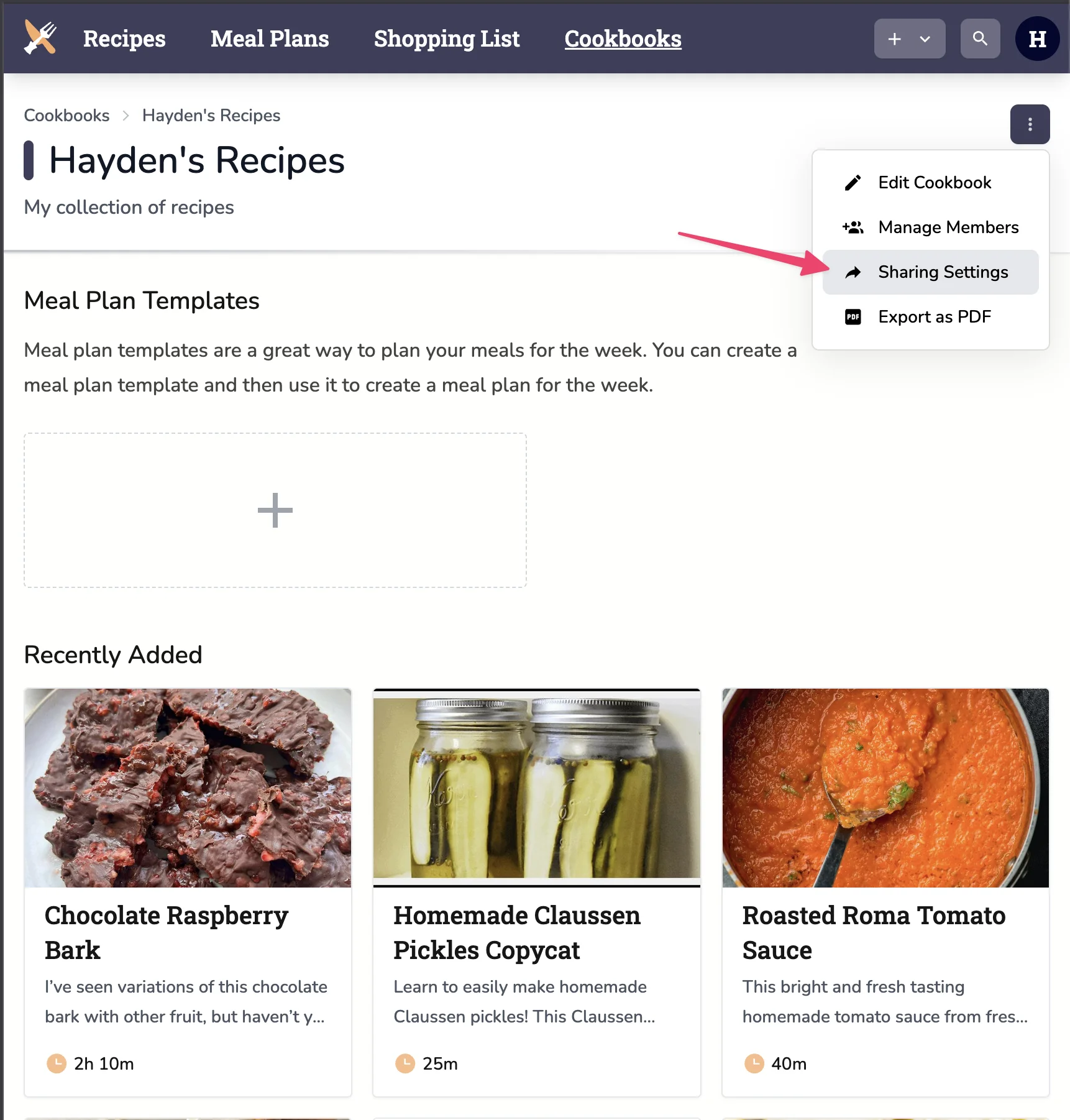 Sharing Settings menu option