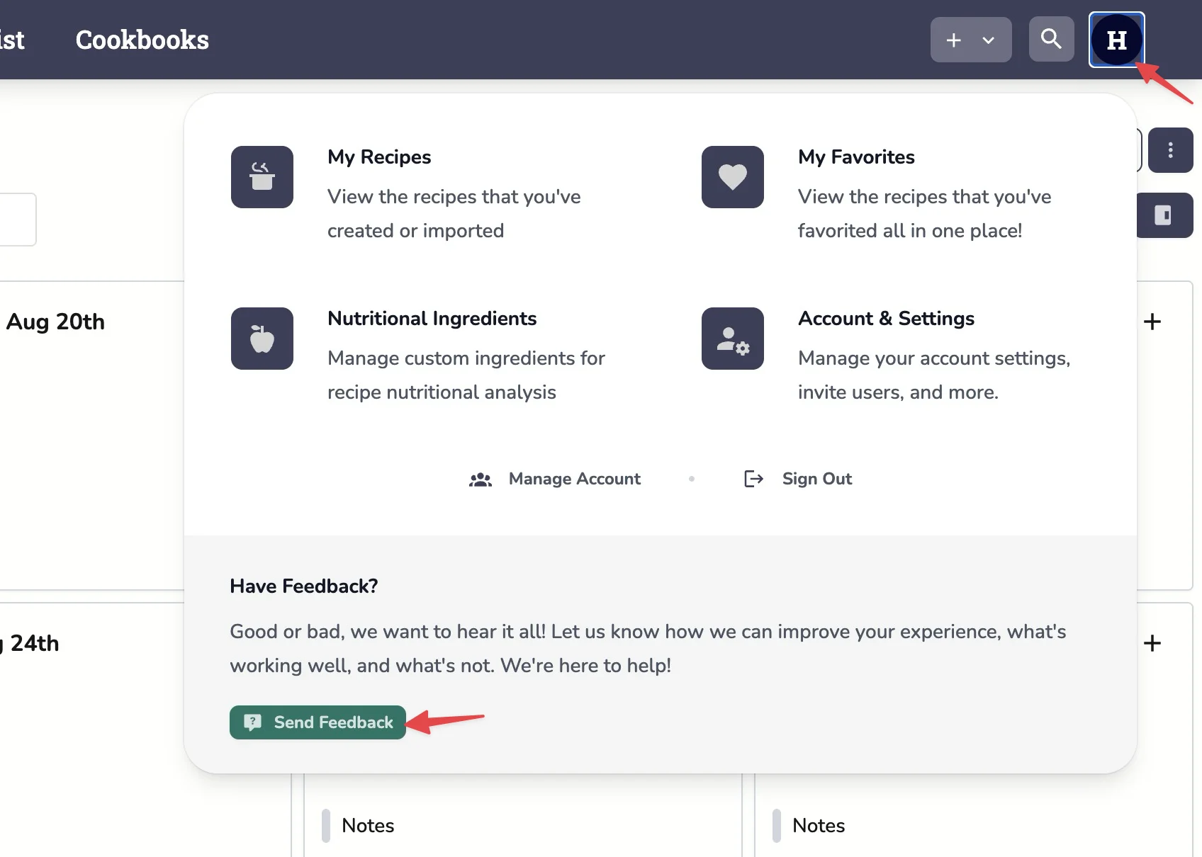User Menu - Send Feedback