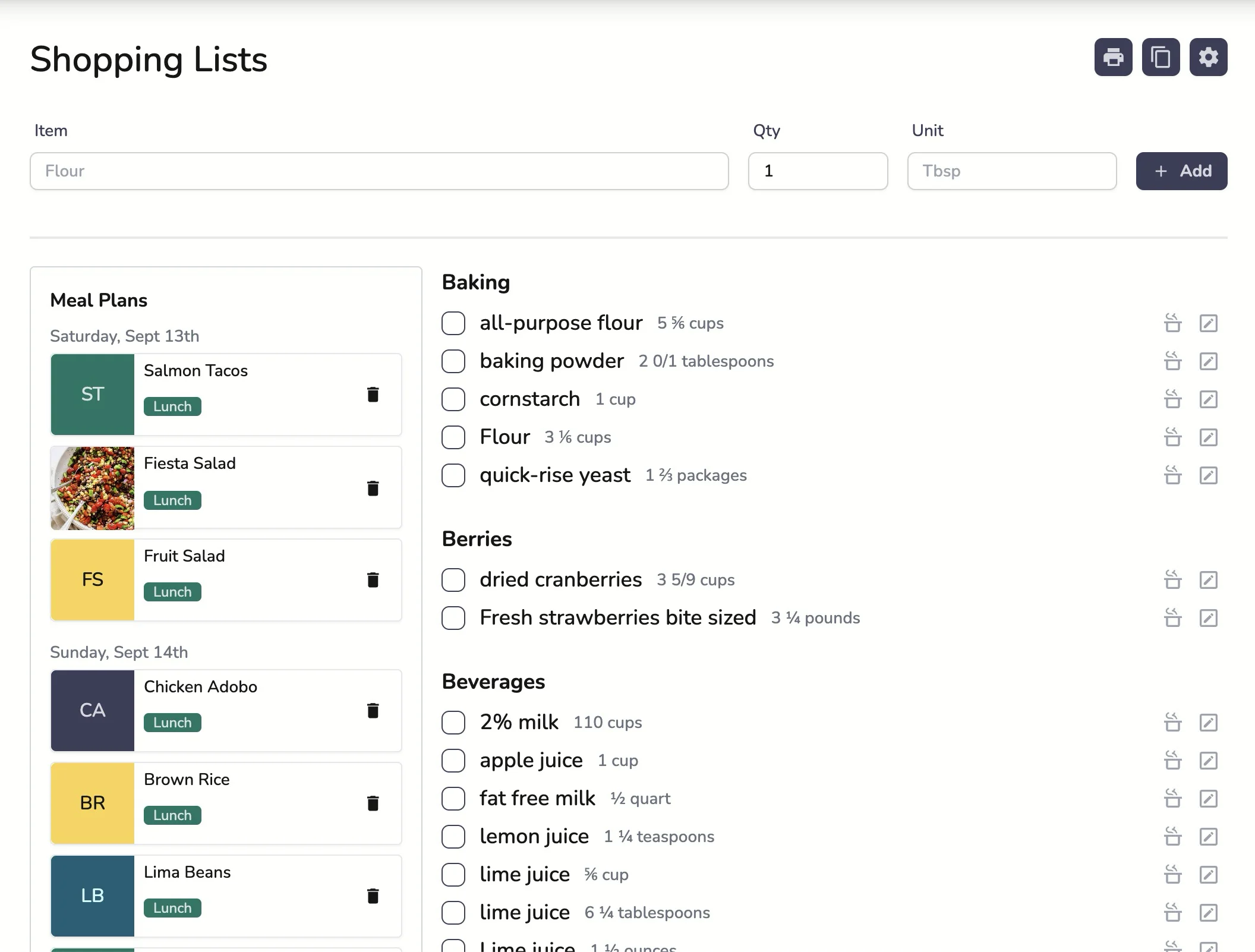 Smart Shopping Lists Interface showing organized grocery lists